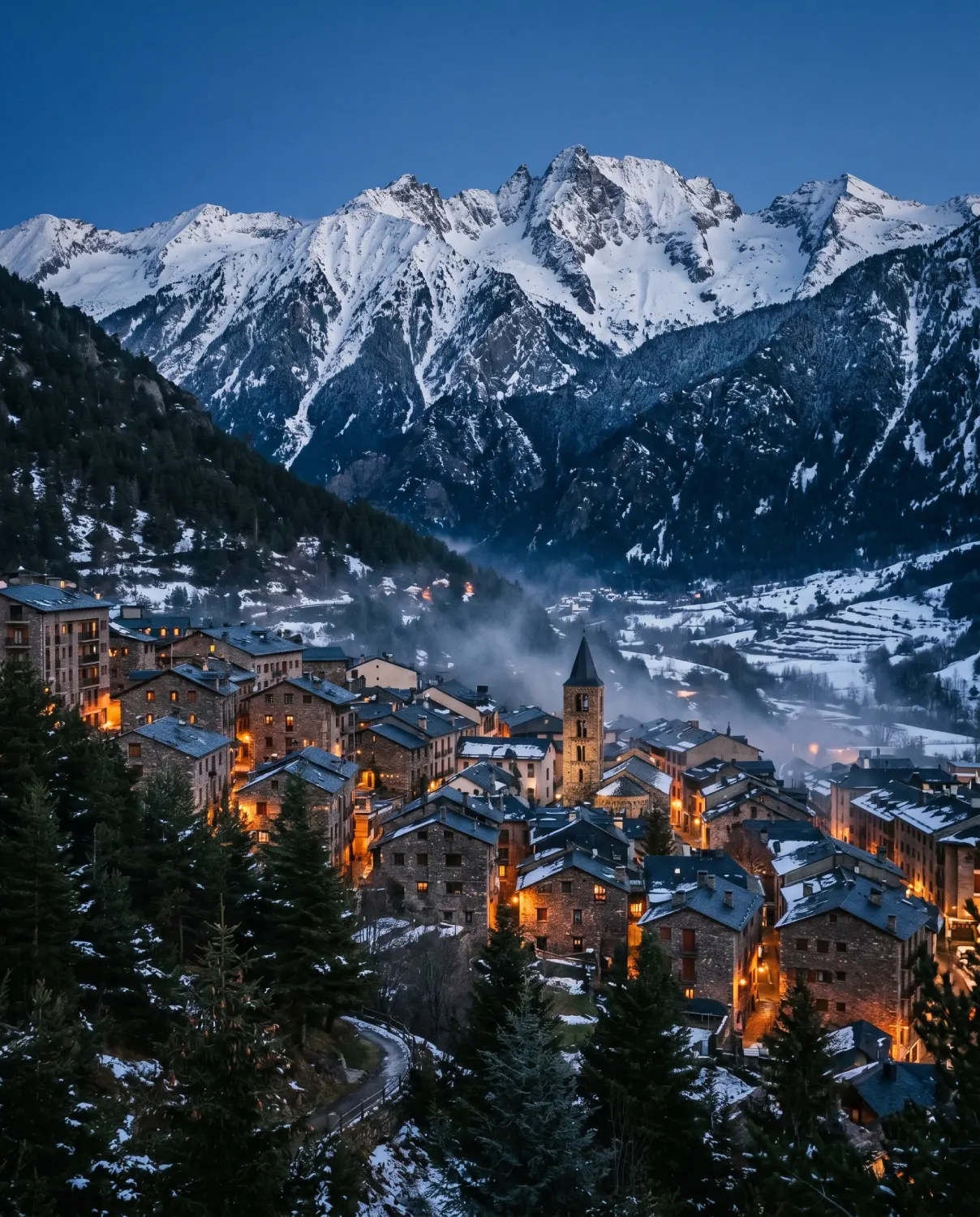 Andorra la Vella with Pyrenees mountains in the background